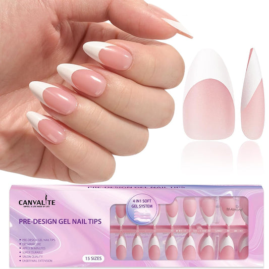French Tip Press on Nails Gel Nail Tips - 300Pcs Pre-Colored Quick and Easy Press on Nails Almond Fake Nails with Designs DIY Nail Extensions, Pink White